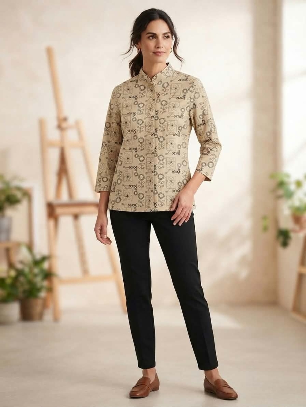 Alfred Dunner Neutral Floral Embroidered Button-Down Shirt Size 8